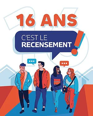 Affiche de la campagne nationale du recensement citoyen : « 16 ans, c'est le recensement », quatre jeunes marchant côte à côte devant des bulles de dialogue.