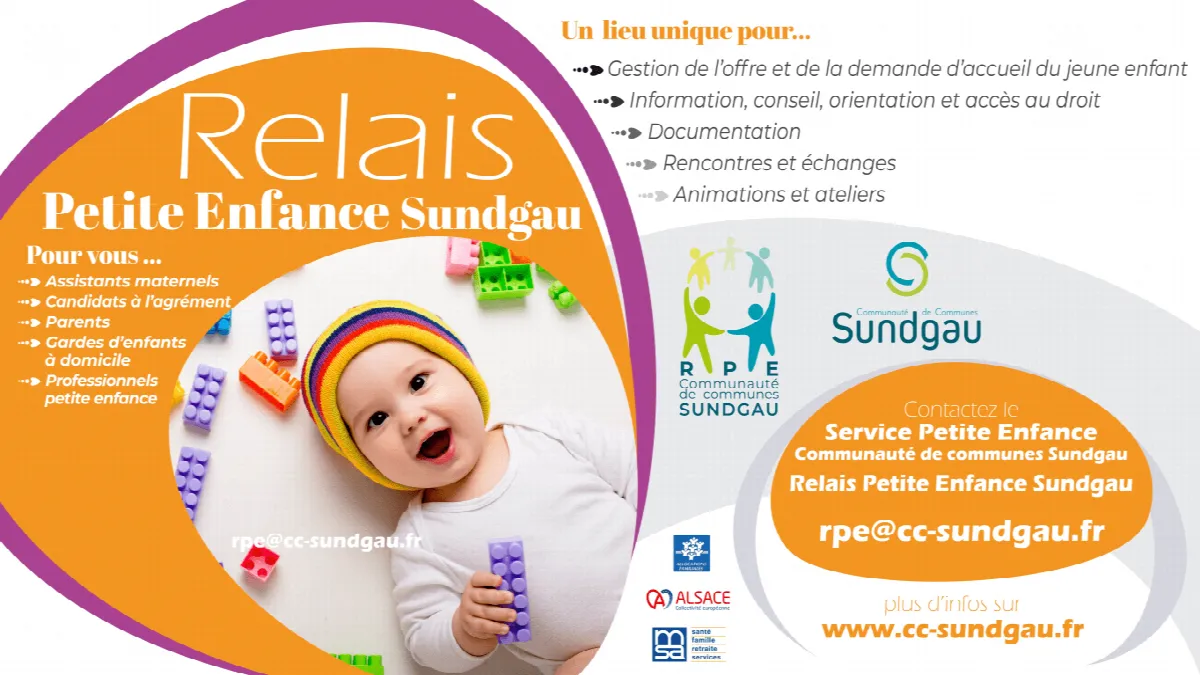Affiche du Relais Petite Enfance du Sundgau : un lieu unique pour les assistants maternels, les candidats à l'agrément, les parents, les gardes d'enfants à domicile et les professionnels de la petite enfance. Contact : rpe@cc-sundgau.fr