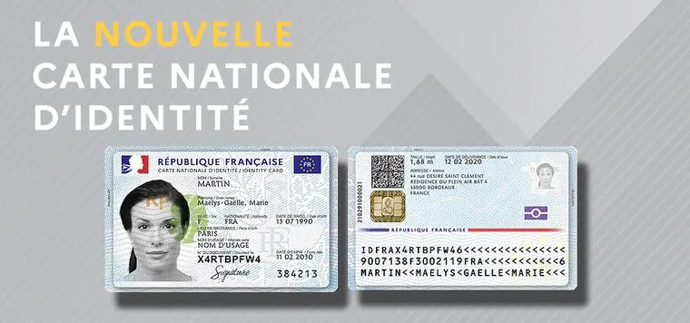 Spécimen recto et verso de la nouvelle carte nationale d'identité française au format carte bancaire, avec puce électronique et bande de lecture optique.