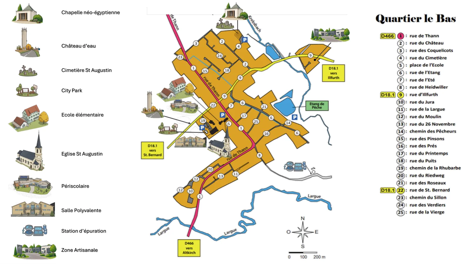 Plan illustré du quartier Le Bas de Spechbach : les rues numérotées de 1 à 25 le long de la rue de Thann et de la Largue, avec les vignettes du château d'eau, de l'école élémentaire, du périscolaire, de l'église Saint-Augustin, du cimetière Saint-Augustin, de la chapelle néo-égyptienne, de la salle polyvalente, du City Park, de la station d'épuration, de l'étang de pêche et de la zone artisanale.