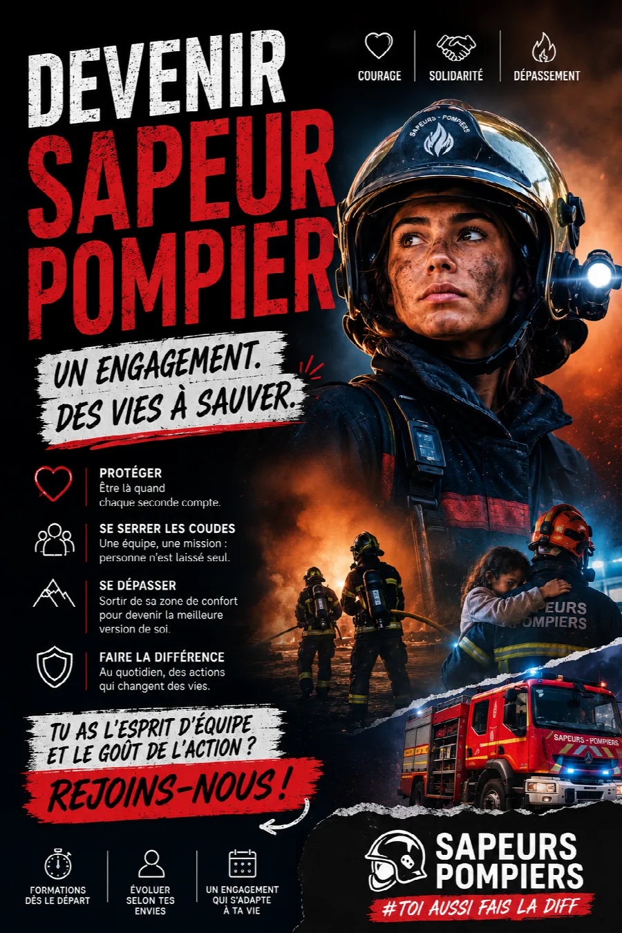 Affiche de recrutement des sapeurs-pompiers volontaires : « Devenir sapeur-pompier, un engagement, des vies à sauver », autour des valeurs de courage, de solidarité et de dépassement de soi