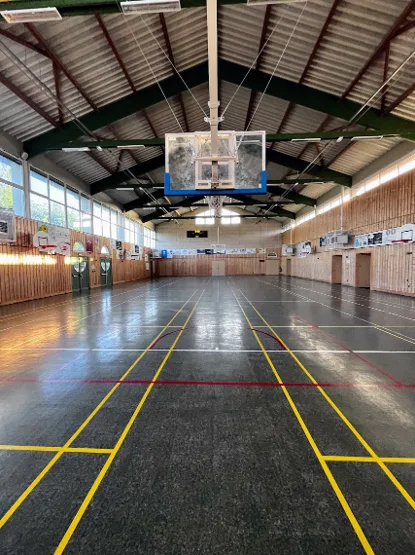 Salle verte vue dans la longueur, panneau de basket suspendu au premier plan et baies vitrées latérales apportant la lumière du jour.