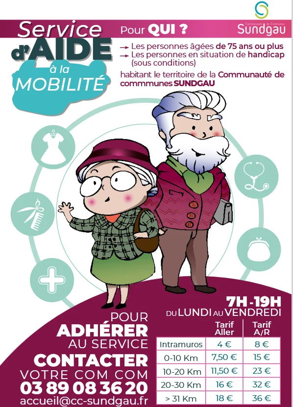 Affiche du service d'aide à la mobilité de la Communauté de Communes Sundgau. Toutes les informations qu'elle contient sont reprises en texte sur cette page.