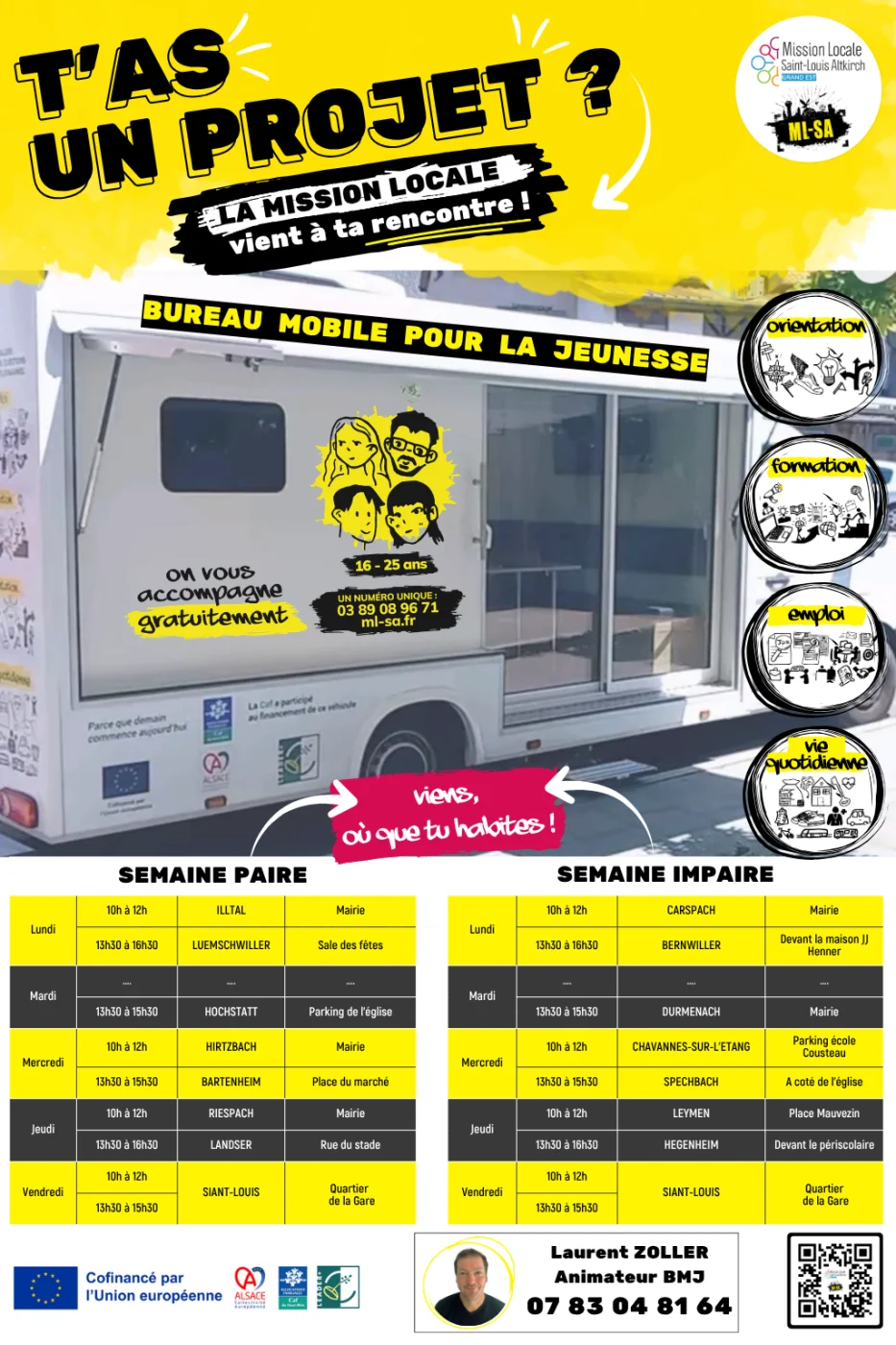 Affiche du Bureau Mobile Jeunesse de la Mission Locale Saint-Louis Altkirch, avec le calendrier de passage dans les communes du territoire.