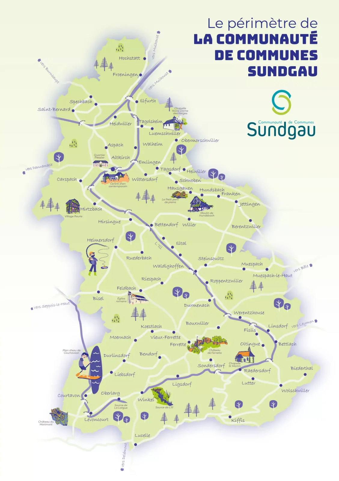 Carte illustrée du périmètre de la Communauté de Communes Sundgau : les 64 communes du territoire, de Hochstatt au nord à Lucelle au sud, avec les principales routes, la rivière Ill et quelques sites remarquables