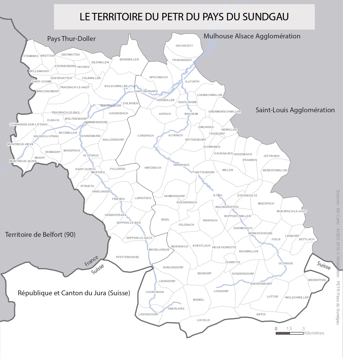 Carte administrative du territoire du PETR du Pays du Sundgau : les 108 communes des Communautés de Communes Sundgau et Sud Alsace Largue, bordées au nord par le Pays Thur-Doller et Mulhouse Alsace Agglomération, à l'est par Saint-Louis Agglomération, à l'ouest par le Territoire de Belfort et au sud par la Suisse