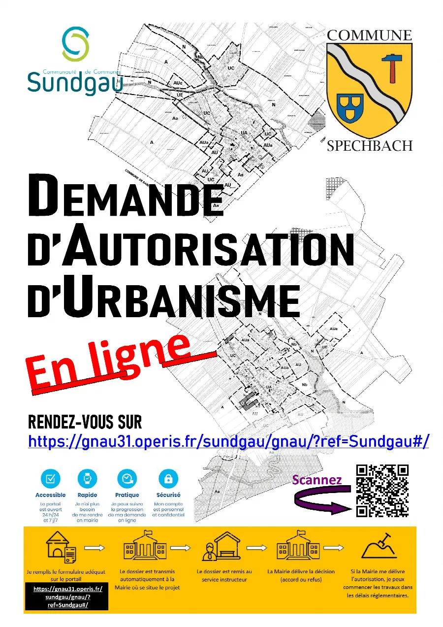 Affiche de la commune de Spechbach : demande d'autorisation d'urbanisme en ligne sur le guichet numérique du Sundgau, accessible, rapide, pratique et sécurisé, avec les cinq étapes du dépôt jusqu'à la décision de la mairie.